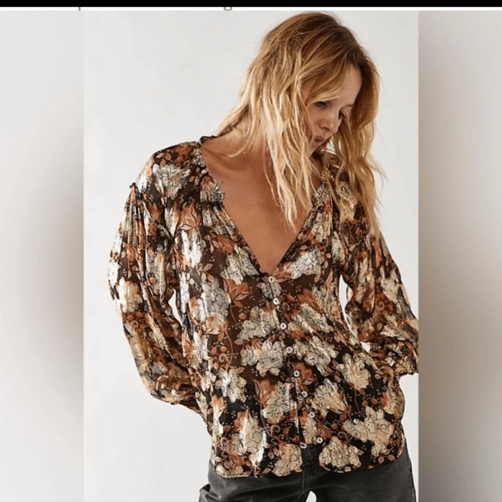 Free People Scorpio Metallic Gold Black Button Up Long Sleeve Blouse NWOT L $148